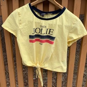 Trés Jolie yellow tie front tee shirt